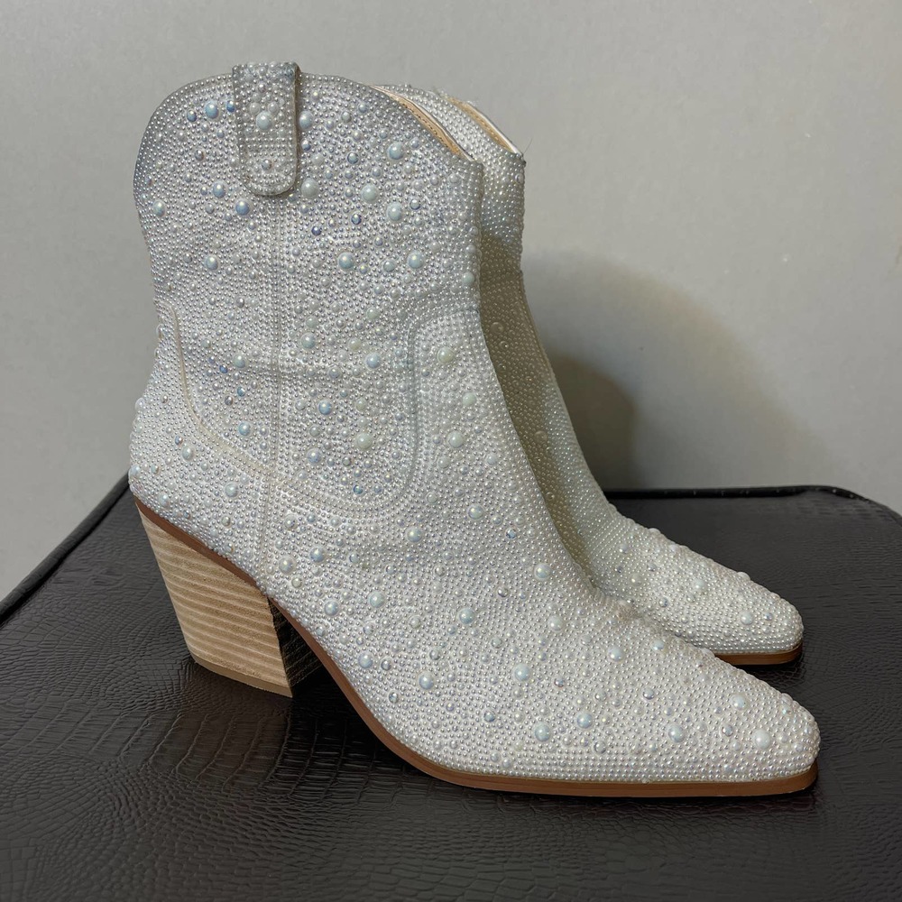 Betsey Johnson Cream Pearl-Embellished Western Ankle Boots - Picture 2 of 8